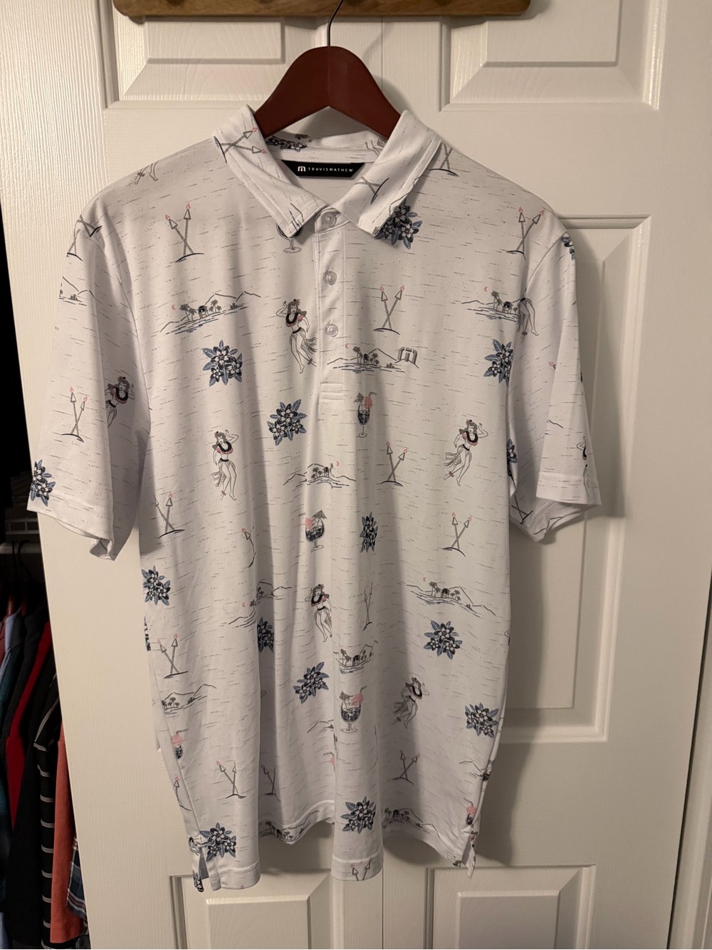Travis Mathew White Nautical Print Polo with Navy & Pink Accents